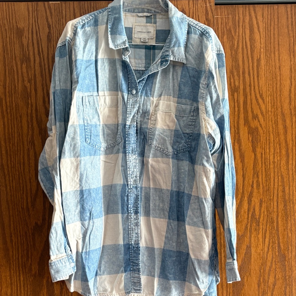 American Eagle Outfitters Blue and White Plaid Shirt Womens